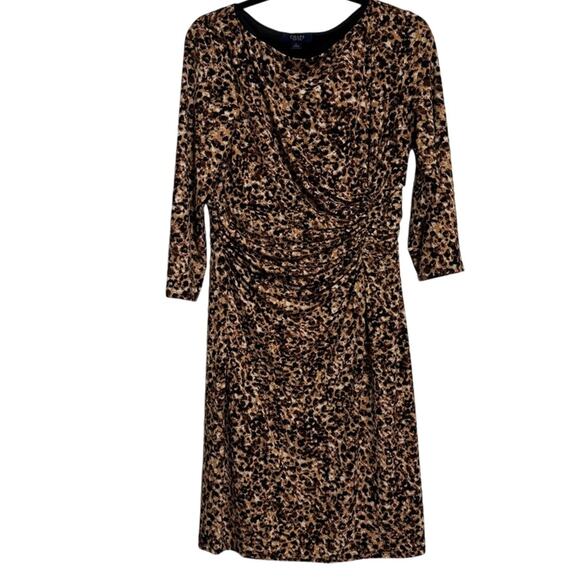 Chaps Leopard Ruched Midi Dress 3/4 Sleeve Tan Black Size L - Picture 1 of 4